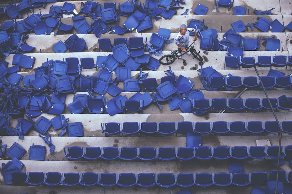 Tyler Fernengel walks through a sea of half-destroyed seats inside the abandoned Silverdome Stadium during Red Bull Revival in Pontiac, MI, USA, on 11 May, 2015. // Ryan Fudger / Red Bull Content Pool // P-20150606-00026 // Usage for editorial use only // Please go to www.redbullcontentpool.com for further information. //
