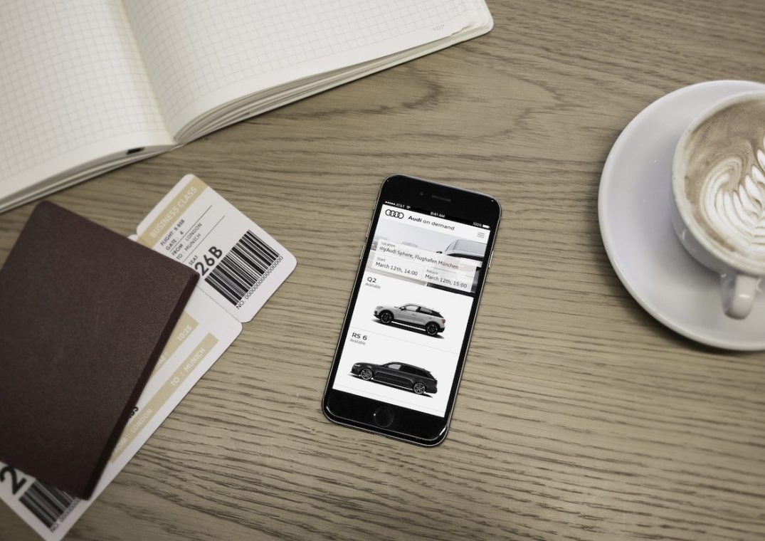 Audi on demand Premium Mobilitätsservice Mietwagen Autovermietung Airport München Flughafen Geschäftstermin Schnell Luxus Smartphone App Reisepass Flugticket Geschäftskunde Kaffee Rent a car Eile